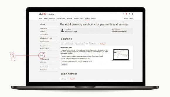 E-Banking Screenshot: Menü - Karten