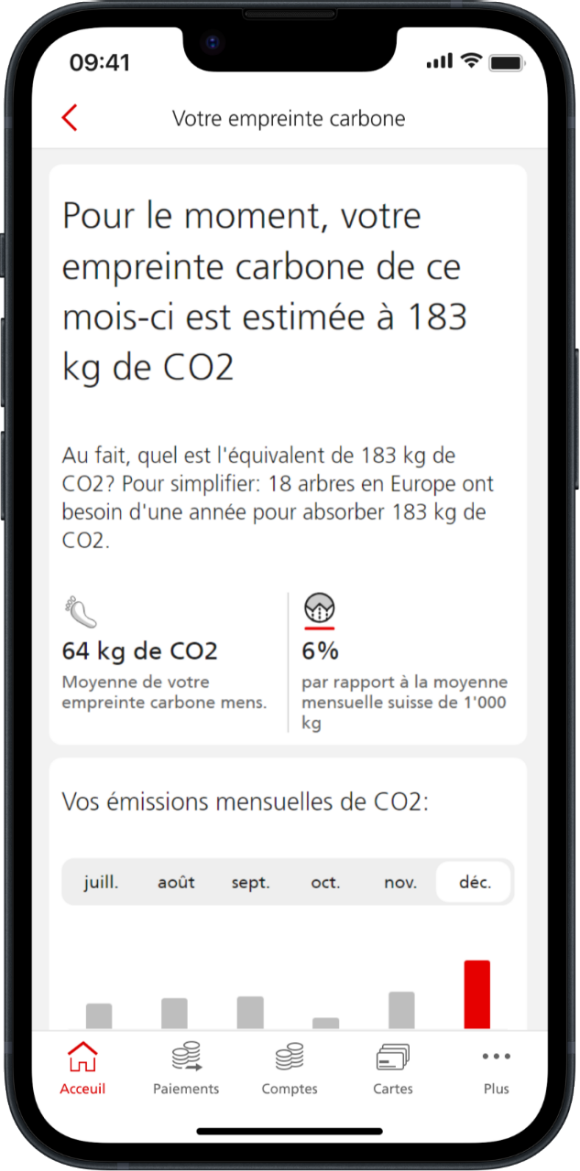 Screenshot 2: Pour le moment, votre empreinte carbone de ce mois-ci est estimée à 183 kg de CO2