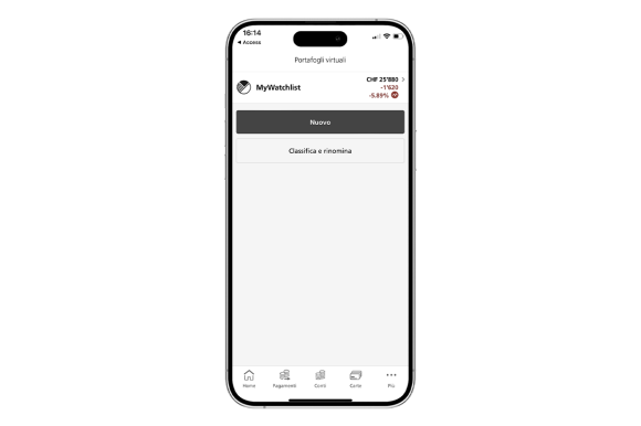 Schermata di Mobile Banking con la watchlist