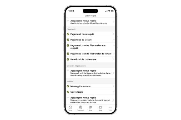 Schermata di Mobile Banking che mostra la pagina delle notifiche di trading