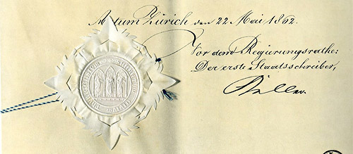 Genehmigungsurkunde der Statuten, unterzeichnet von Gottfried Keller