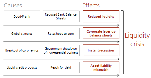 The causes and effects that contributed to the liquidity crisis.