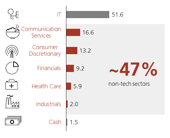 We invest across multiple themes and industries with 48% exposure to non-tech sectors