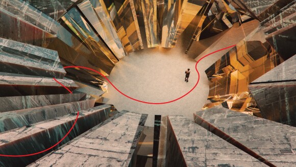 View of modern atrium with tall marble and glass structures, a person standing at the center, and a red circular line overlay highlighting the space
