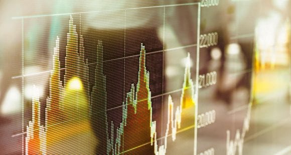 Gráfico financeiro digital com barras e linhas luminosas em tons de verde e amarelo