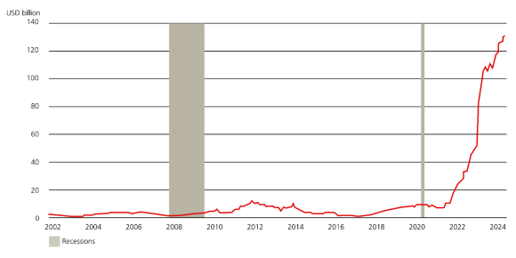 Line chart depicting annual rates of computer, electronic and electronical equipment construction spending from 2002 through June 2024