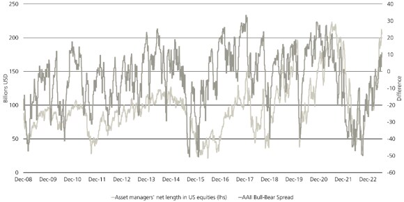 Chart showing Asset managers’ net long positions in US equity futures vs AAII Bull-Bear spread