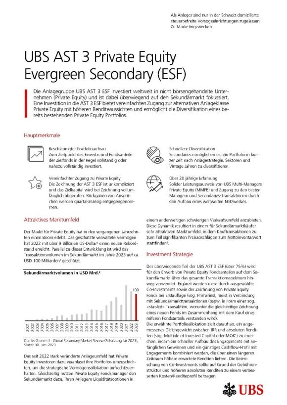 Zweiseitiges Dokument mit den wichtigsten Facts + Figures zu UBS AST 3 Private Equity Secondary