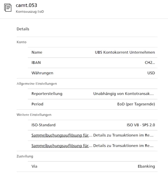 E-Banking Screenshot: Einstellungen camt.053-Kontoreports