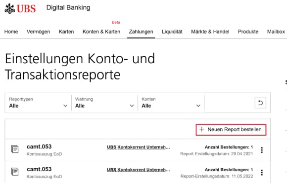 E-Banking Screenshot: Einstellungen Konto- und Transaktionsreporte