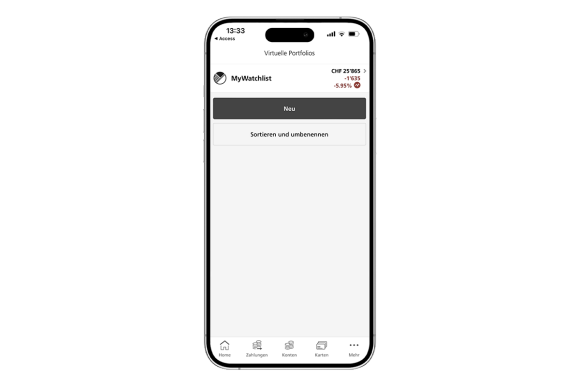 Mobile Banking-Seite zeigt die Watchlist