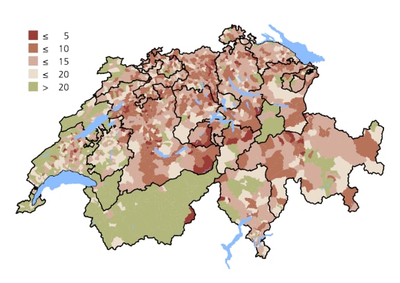 Karte der Schweiz mit Angaben zu freien Bauflächen pro Region