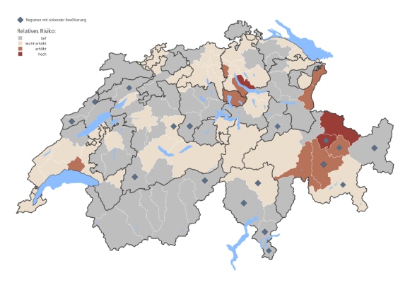 Die Immobilienpreise in unterschiedlichen Regionen in der Schweiz werden den Mietpreisen gegenübergestellt. So entsteht eine Karte, die aufzeigt, in welchen Regionen ein Risiko für eine Immobilienblase besteht.