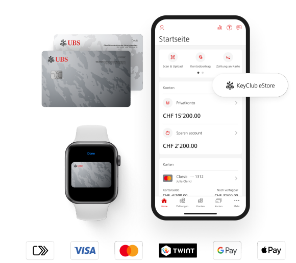Bildschirm einer Mobile-Banking-App, Abbildungen klassischer Kreditkarten und eine Uhr mit einer hinterlegten Karte