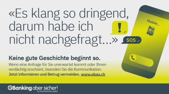 Illustration die ein Handy mit Anrufbuttons, Textsprechblasen und eine Sirene zeigt. Text im Bild: «Es klang so dringend, darum habe ich nicht nachgefragt…» Keine gute Geschichte beginnt so. Wenn eine Anfrage für Sie unerwartet kommt oder verdächtig erscheint, beenden Sie die Kommunikation. Jetzt informieren und Betrug vermeiden.