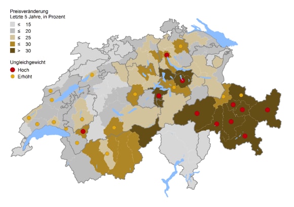 Die Immobilienpreise in unterschiedlichen Regionen in der Schweiz werden den Mietpreisen gegenübergestellt. So entsteht eine Karte, die aufzeigt, in welchen Regionen ein Risiko für eine Immobilienblase besteht.