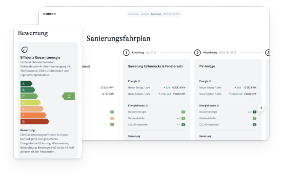 Dieses Bild zeigt einen Auszug aus einem digitalen Energieausweis. Genauer gesagt ein Beispiel eines individuellen Sanierungsplans mit drei Etappen und dem Ausweis der Gesamtenergieeffizienz der Liegenschaft.