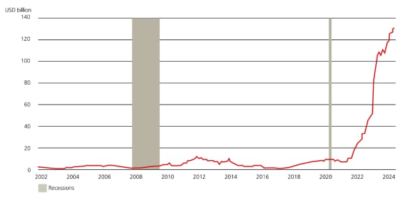 Line chart depicting annual rates of computer, electronic and electronical equipment construction spending from 2002 through June 2024