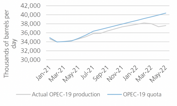 Line graph comparing OPEC-19 quota with Actual OPEC-19 production from January 2021 to May 2022.