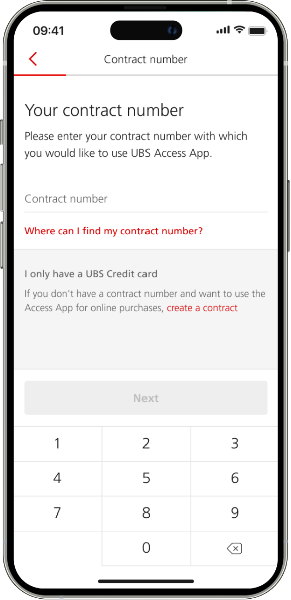 UBS Access App – contract number entry.