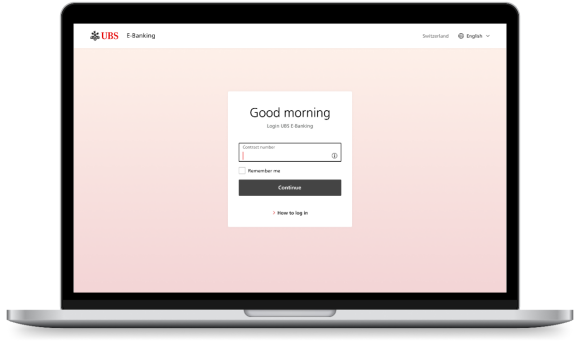 UBS E-Banking Login page with contract number field and continue button.