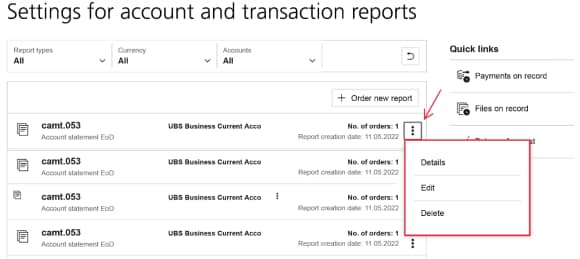 E-Banking Screenshot: settings for accounts and transaction reports