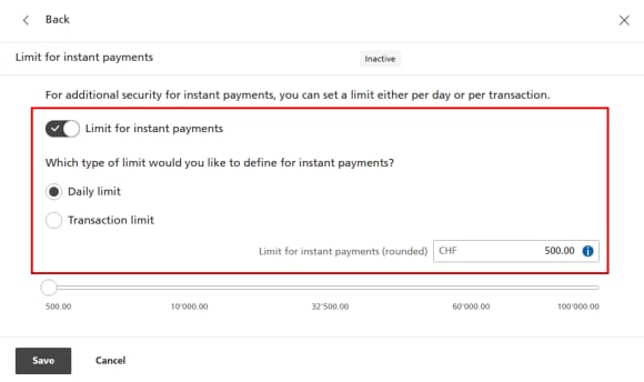 Limit for instant payments