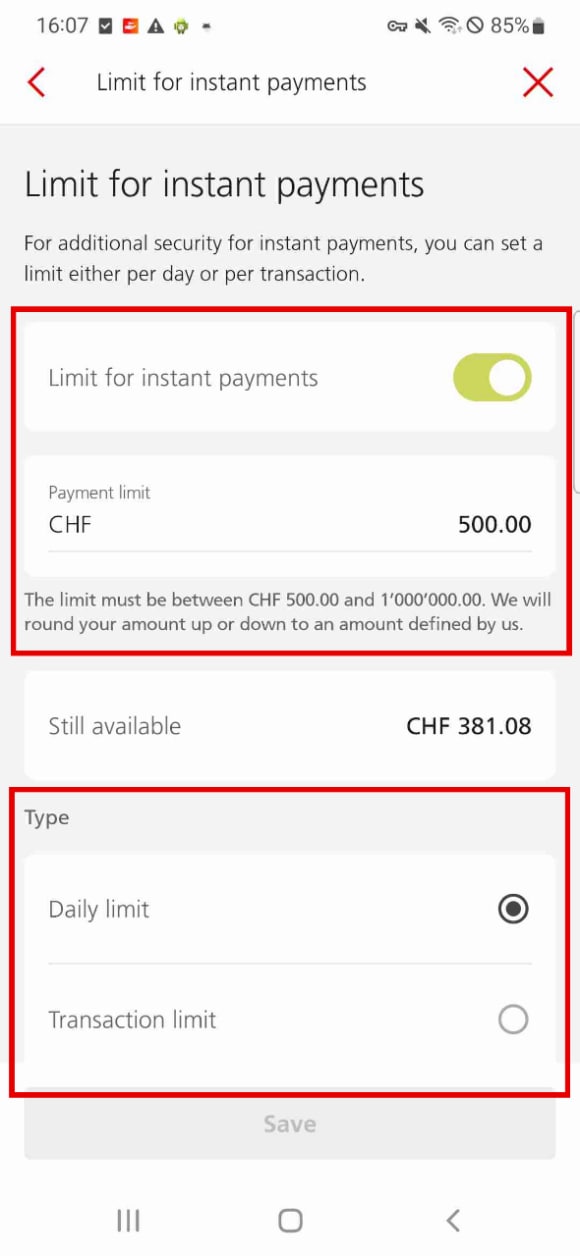 Limit for instant payments