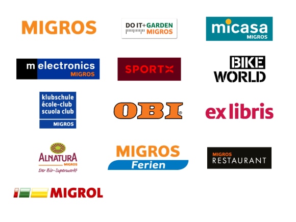 Collage displaying logos of: Migros, Do it + Garden Migros, Micasa, melectronics, SportX, Bike World, Klubschule Migros, OBI, ex libris, Alnatura, Migros Ferien, Migros Restaurant and Migrol