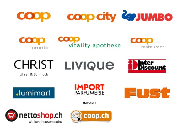 Collage displaying logos of: Coop, Coop City, Jumbo, Coop pronto, Coop Vitality Apotheke, Coop Restaurant, Christ, Livique, Interdiscount, Lumimart, Import Parfumerie, Fust, nettoshop.ch and coop.ch