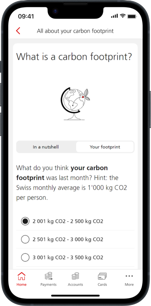 Screenshot1: What is a carbon footprint? What do you think your carbon footprint was last month? Hint: the Swiss monthly average is 1'000 kg CO2 per person.