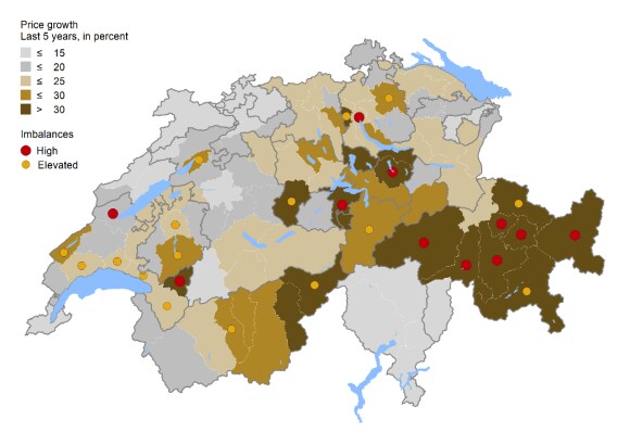 Real estate prices in different regions in Switzerland are compared with rental prices. The resulting map shows which regions are at risk of a real estate bubble.