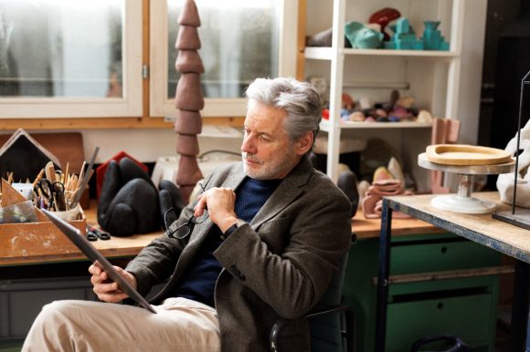 A man with gray hair and beard sits on a chair in a studio examining a document while holding his glasses in his left hand.