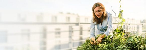 Woman tending green plants on a rooftop terrace