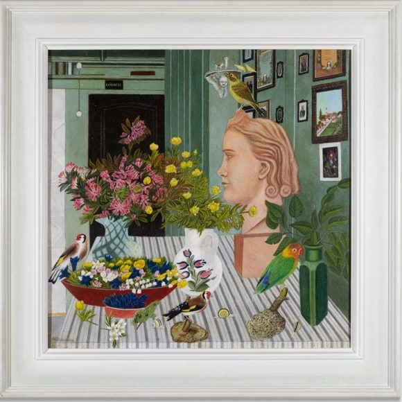  painting by Adolf Dietrich, In the Studio, with Flowers, Birds, and a Bust.