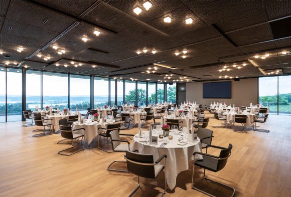 Panoramic hall with banquet seating arrangement