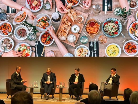 auditorium stage with the Bindellas and Nils Walt Photo: Bindella Anlass