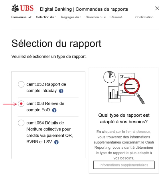 Capture d'écran E-Banking: sélection du rapport