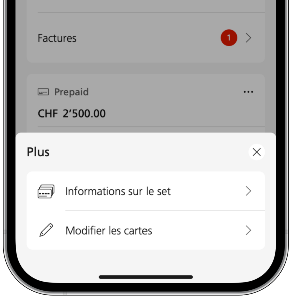 Capture d'écran Mobile Banking: Plus Menu avec l’option « Modifier les cartes »