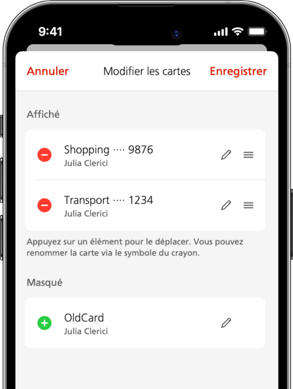 Capture d'écran Mobile Banking: Vue « Modifier les cartes » avec les cartes masquées