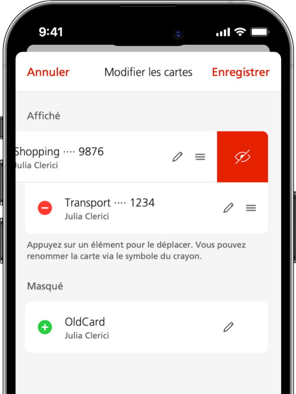 Capture d'écran Mobile Banking: Vue « Modifier les cartes » avec les cartes à masquer