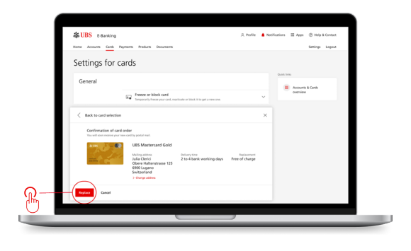 Capture d'écran E-Banking : Commander une carte de remplacement - les instructions