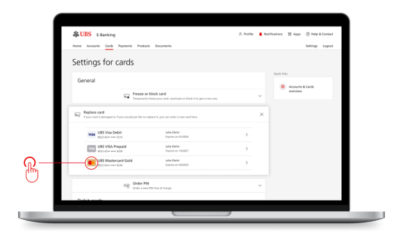 Capture d'écran E-Banking : Réglages des cartes