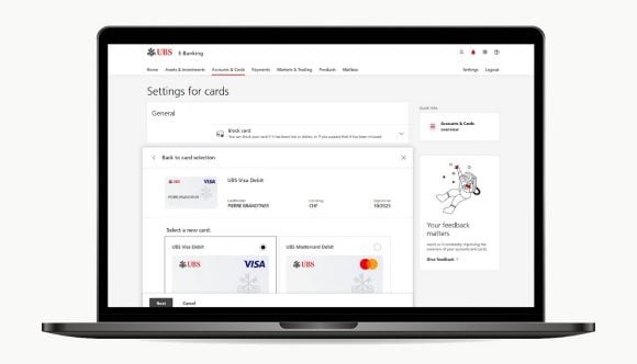 Capture d'écran E-Banking: Sélectionnez la carte