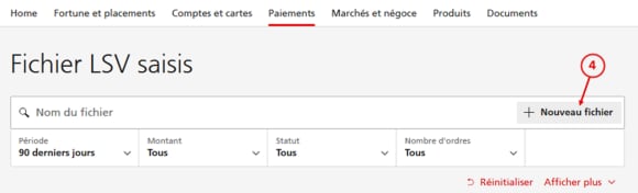 Capture d’écran de l’e-banking pour ajouter un nouveau fichier sous « Fichiers LSV enregistrés »