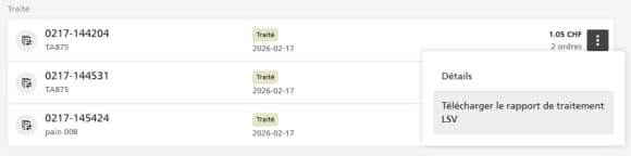 Capture d’écran de l’e-banking pour télécharger le fichier LSV