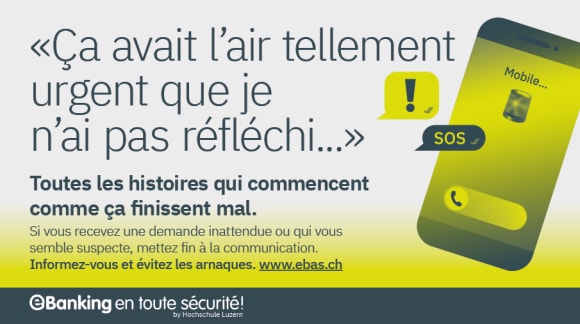 Illustration montrant un téléphone portable avec des boutons d’appel, des bulles de texte et une sirène. Texte dans l’image : «Ça avait l’air tellement urgent que je n’ai pas réfléchi...» Toutes les histoires qui commencent comme ça finissent mal. Si vous recevez une demande inattendue ou qui vous semble suspecte, mettez fin à la communication. Informez-vous et évitez les arnaques. 
