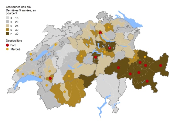Les prix de l’immobilier sont comparés à ceux des loyers dans plusieurs régions suisses. Cette carte montre lesquelles présentent un risque de bulle immobilière.