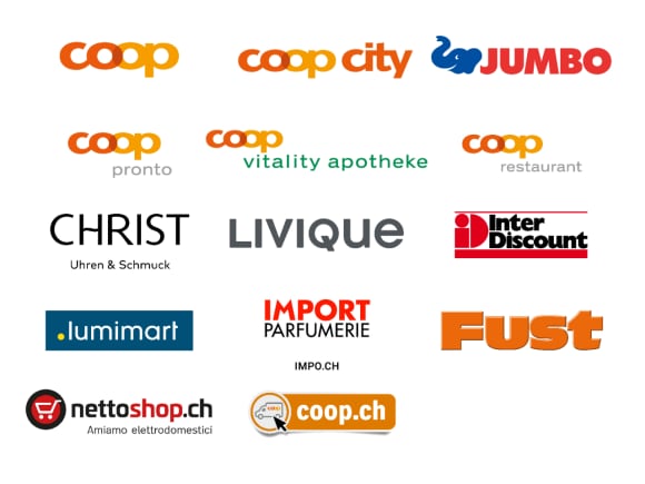 Collage di logo di: Coop, Coop City, Jumbo, Coop pronto, Coop Vitality Apotheke, Coop Restaurant, Christ, Livique, Interdiscount, Lumimart, Import Parfumerie, Fust, nettoshop.ch e coop.ch