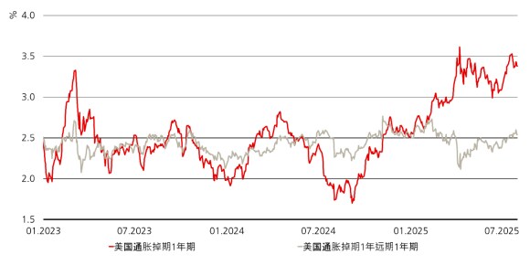该图表显示了2023年1月至2025年7月期间，美国1年期通胀掉期和1年远期1年期通胀掉期利率的变动。